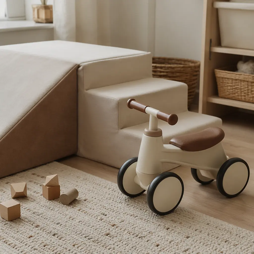 Toddler foot-powered ride-on toy in a cozy nursery setting