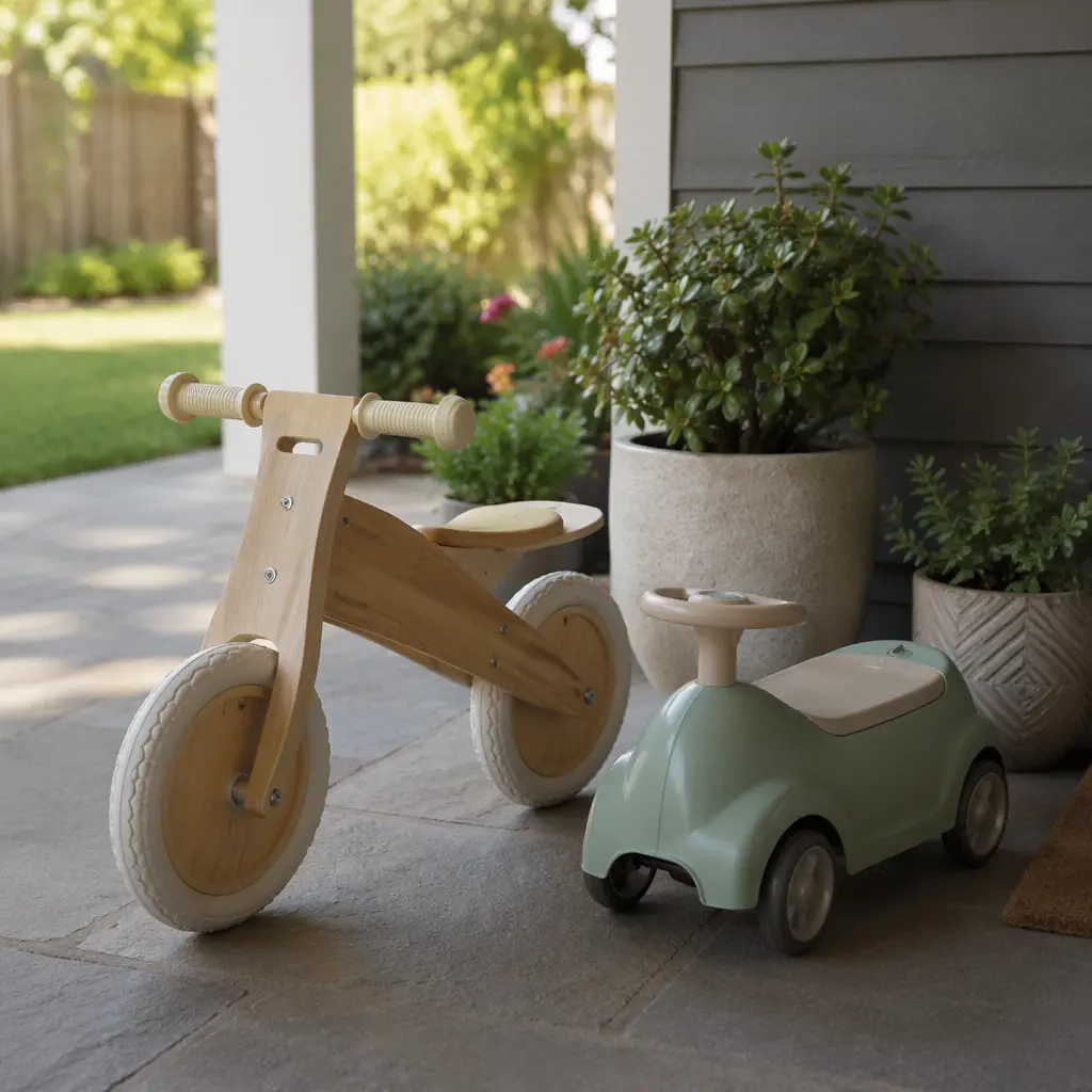 Toddler balance bike and scoot toy on a shaded outdoor patio