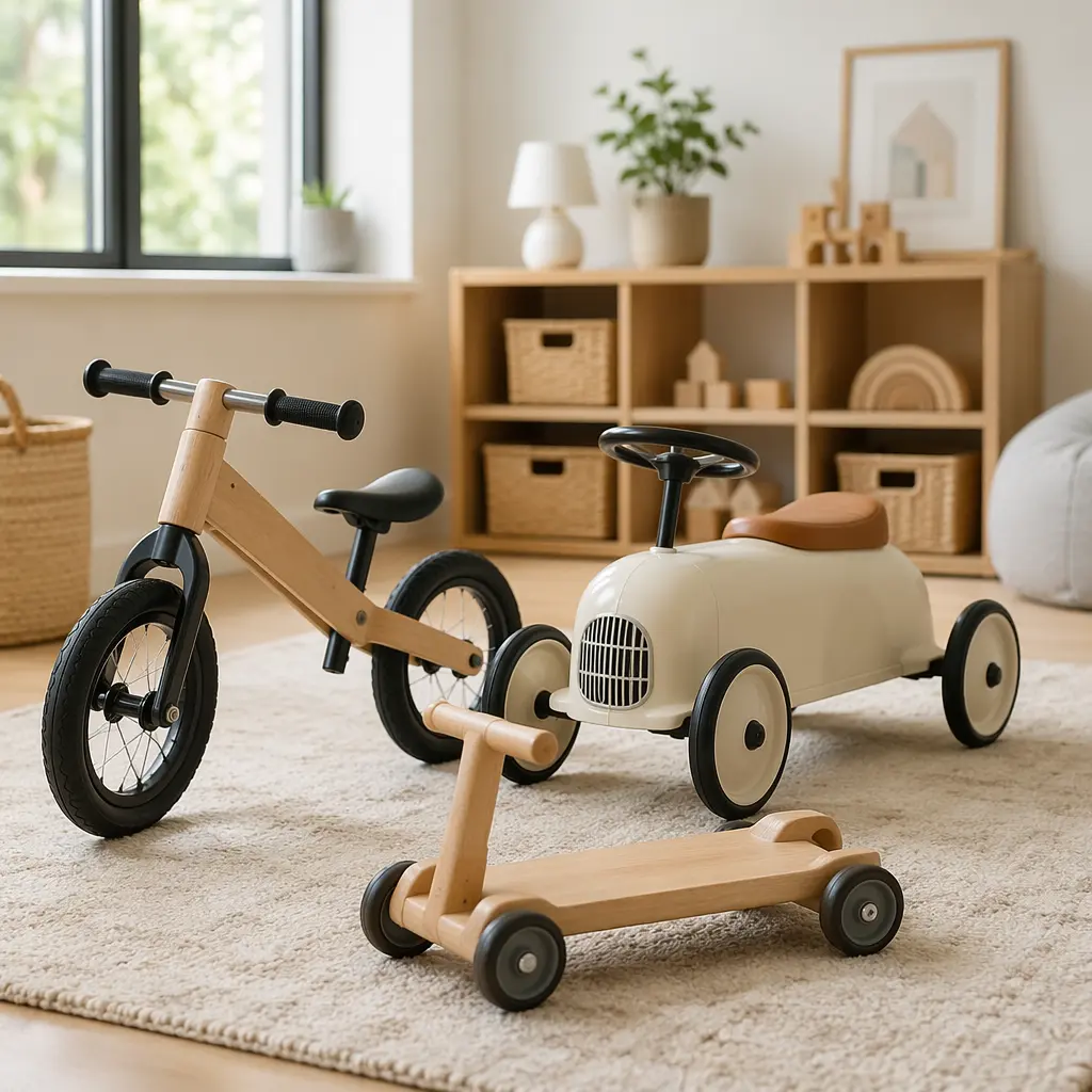 Simple toddler ride-on toys in a bright playroom with soft natural light
