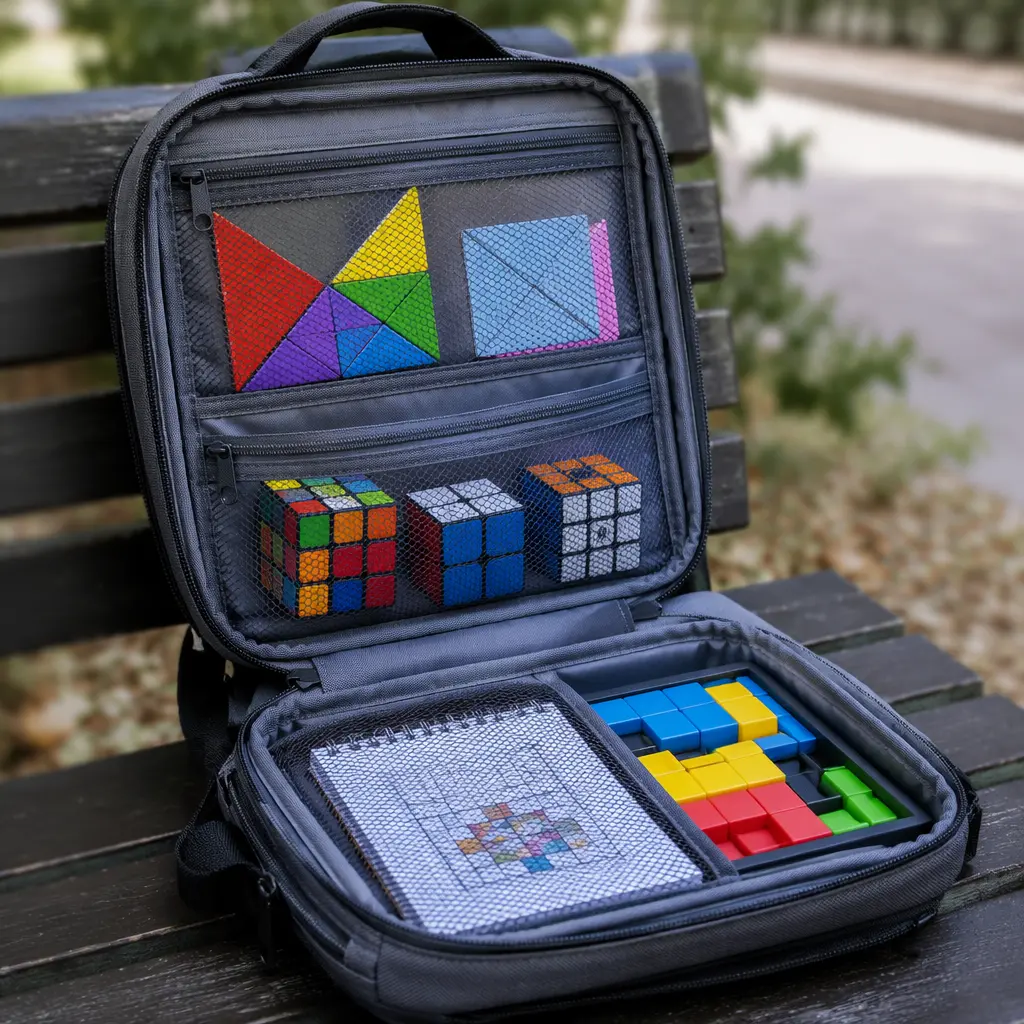 Travel puzzle toys packed neatly inside a small backpack