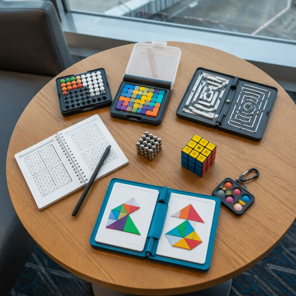 Quiet travel puzzle toys arranged on an airport lounge table