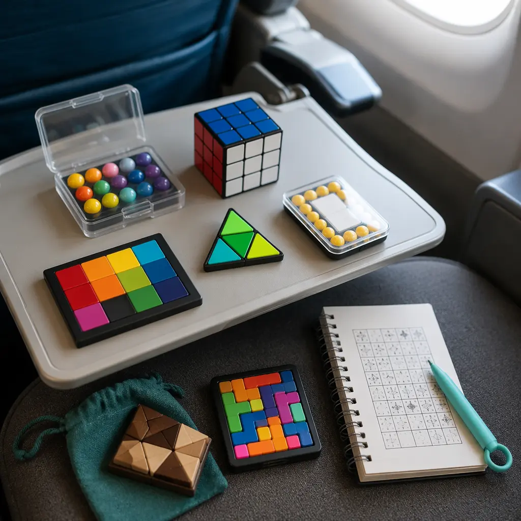 Compact travel puzzle toys arranged on a tray table and chair for quiet play during travel