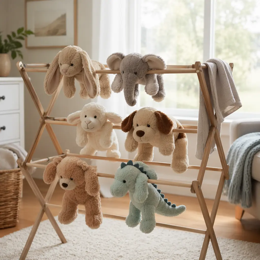 Washable plush toys drying indoors near a sunny window