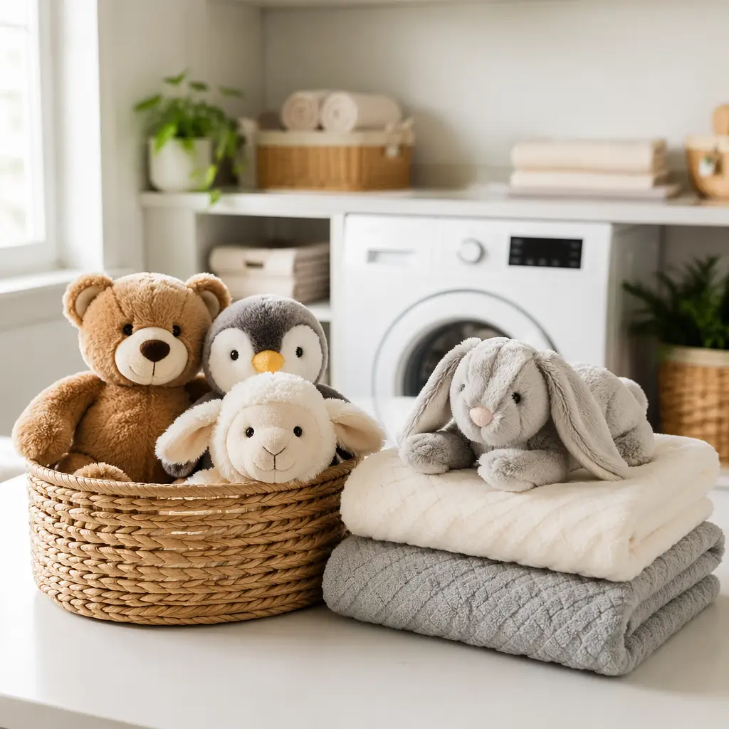 Clean plush toys arranged with blankets in a bright laundry space