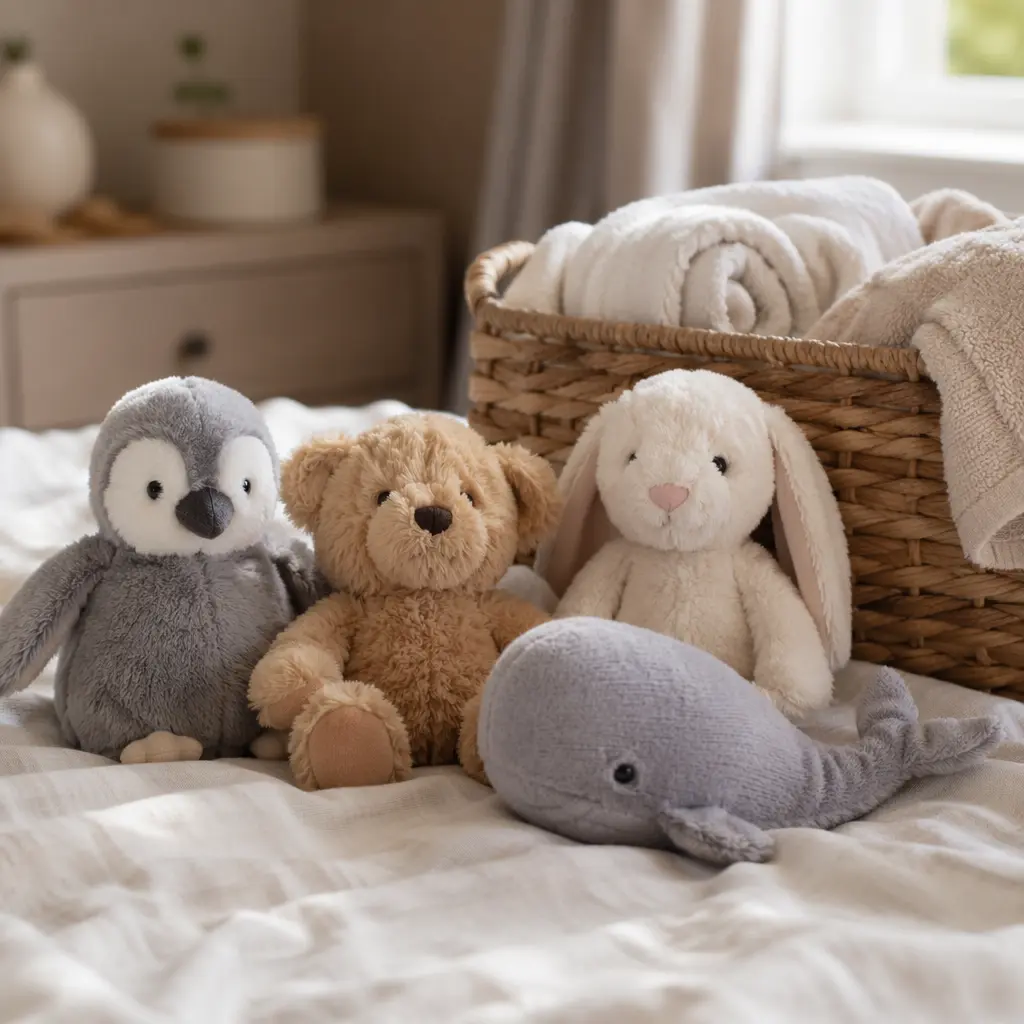 Washable plush toys beside clean towels in soft natural light