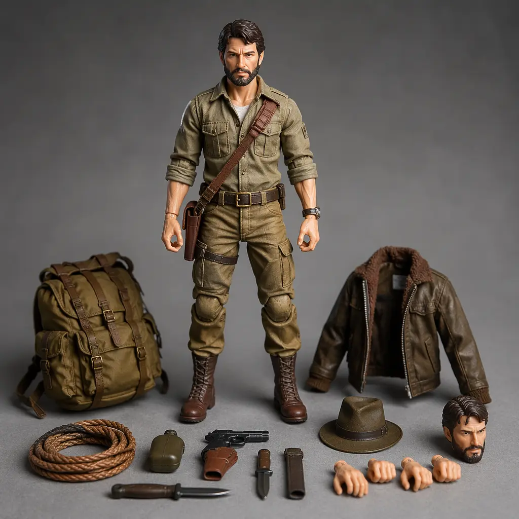 Vintage-style rugged action figure with adventure accessories displayed in a studio setting