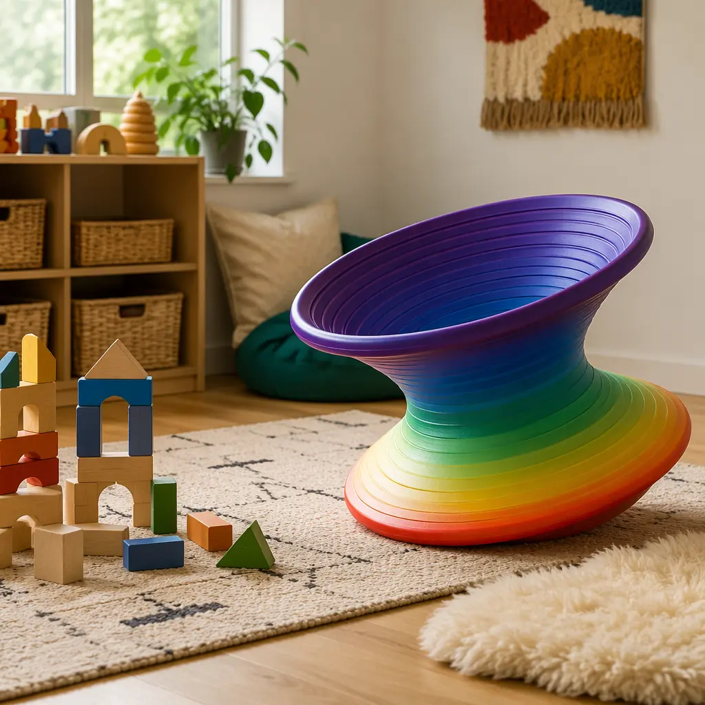 Shell-shaped open-ended play toy in a calm playroom setting
