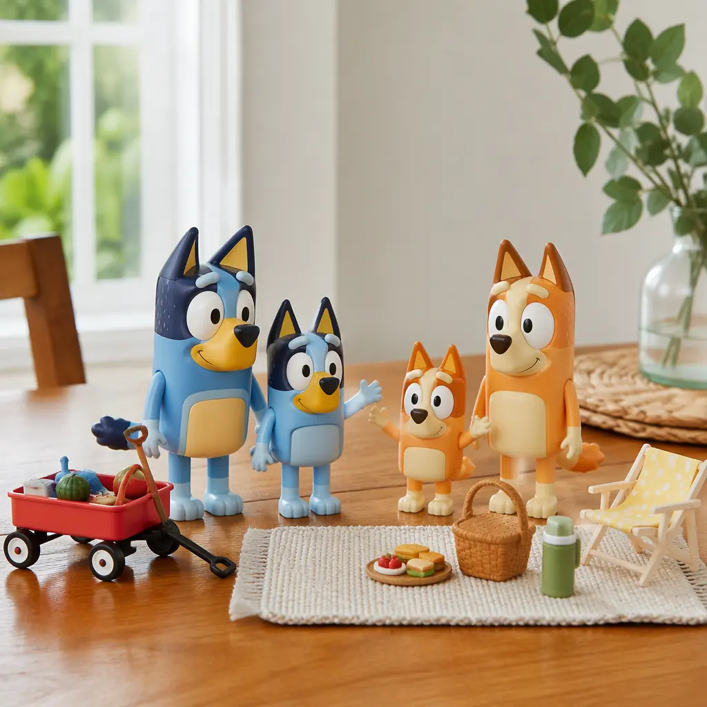 Small toy family figures with miniature pretend-play accessories