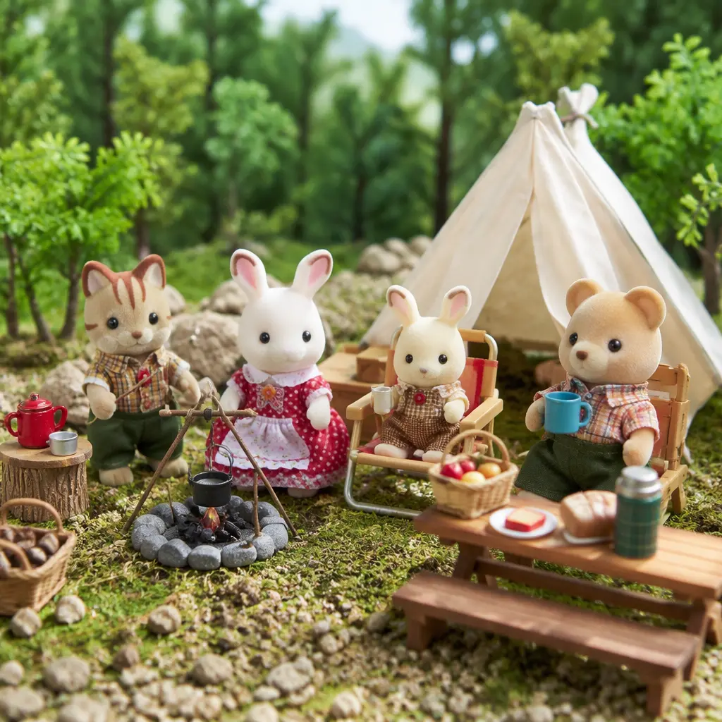 Animal family toy figures in a pretend camping setup