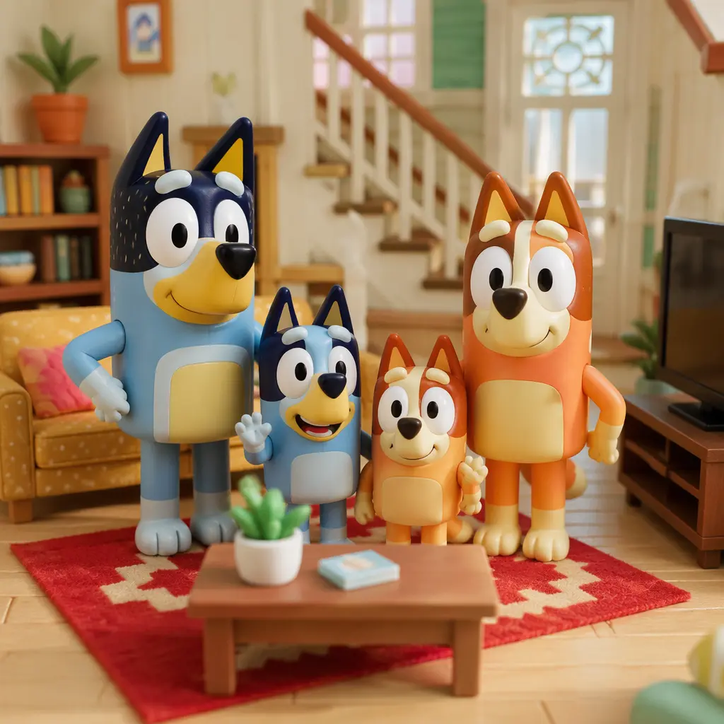 Toy dog family figures posed in a miniature living room play scene