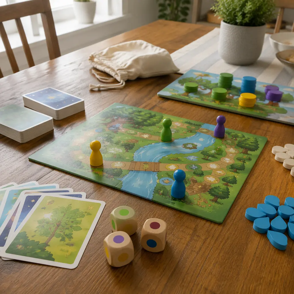 Cooperative board game pieces on a dining table in natural light