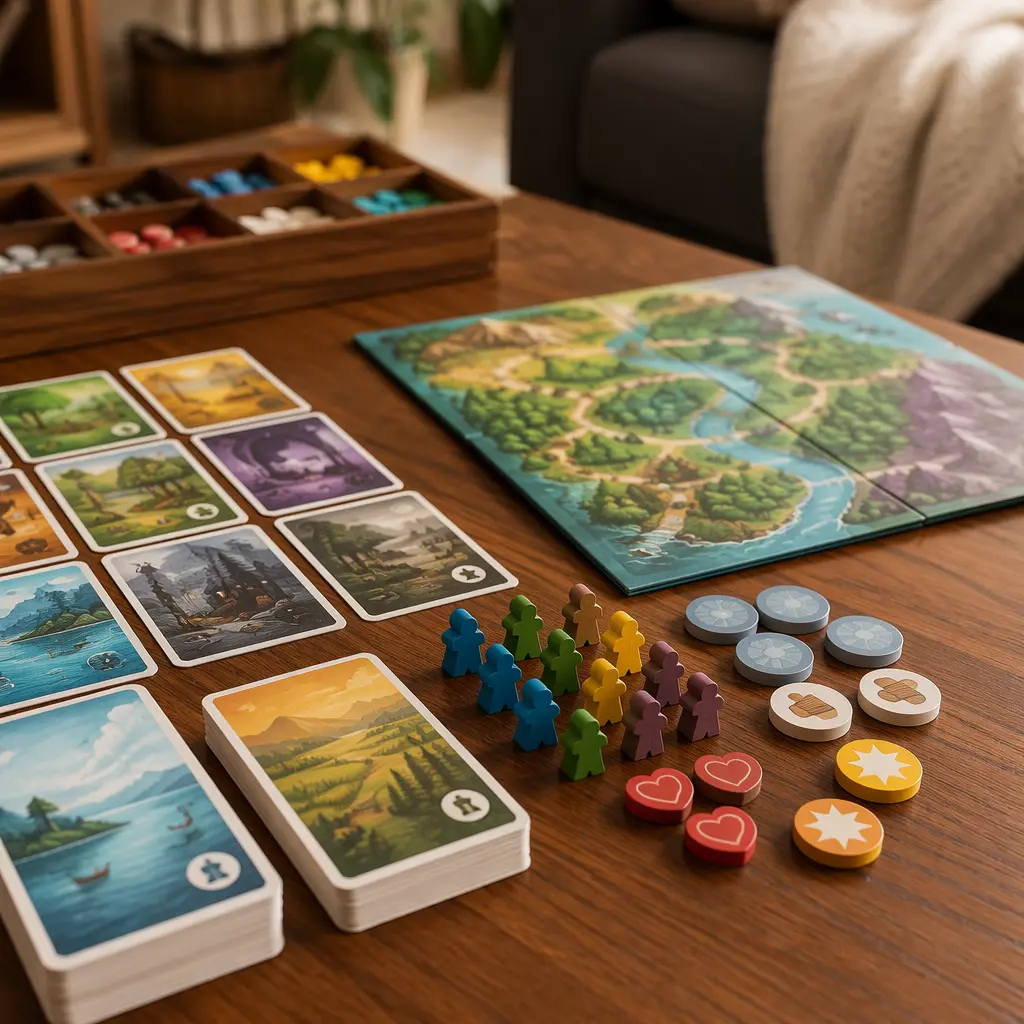 Board game cards and wooden tokens arranged for cooperative play