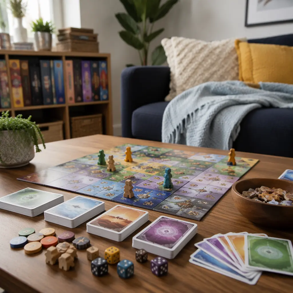 Colorful cooperative board games and pieces arranged on a living room table