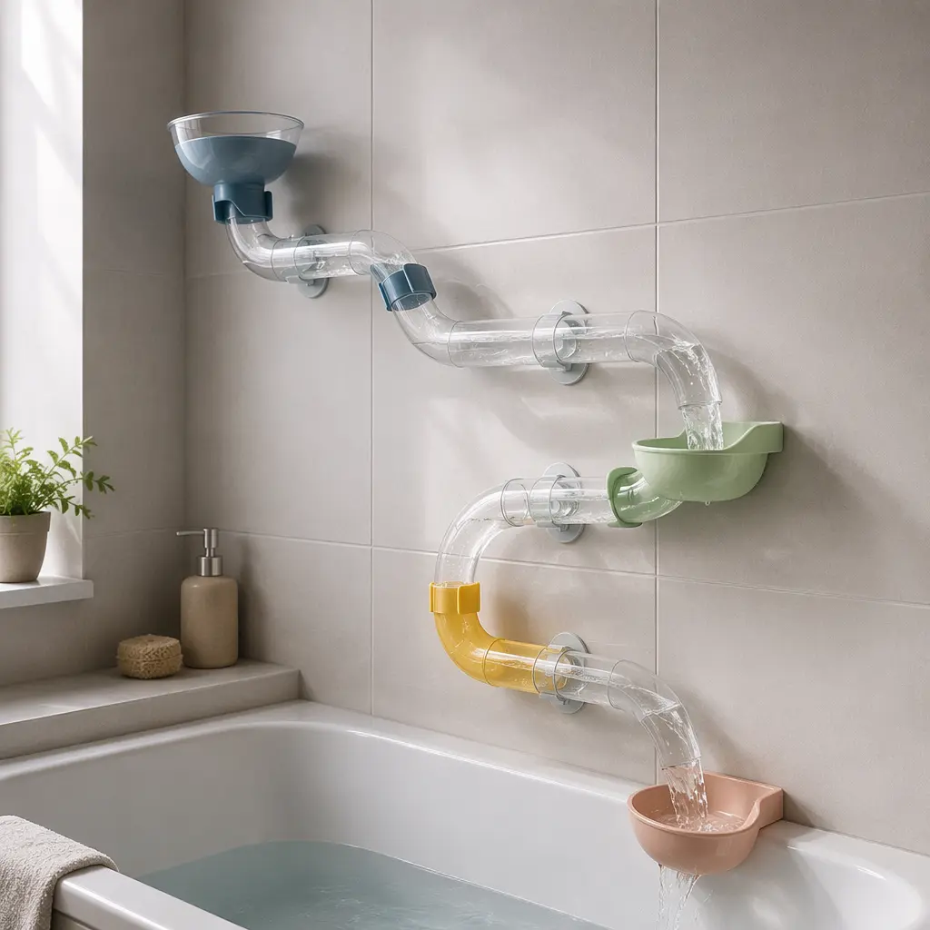 Modular bath tubes arranged across bathroom tiles during water play.