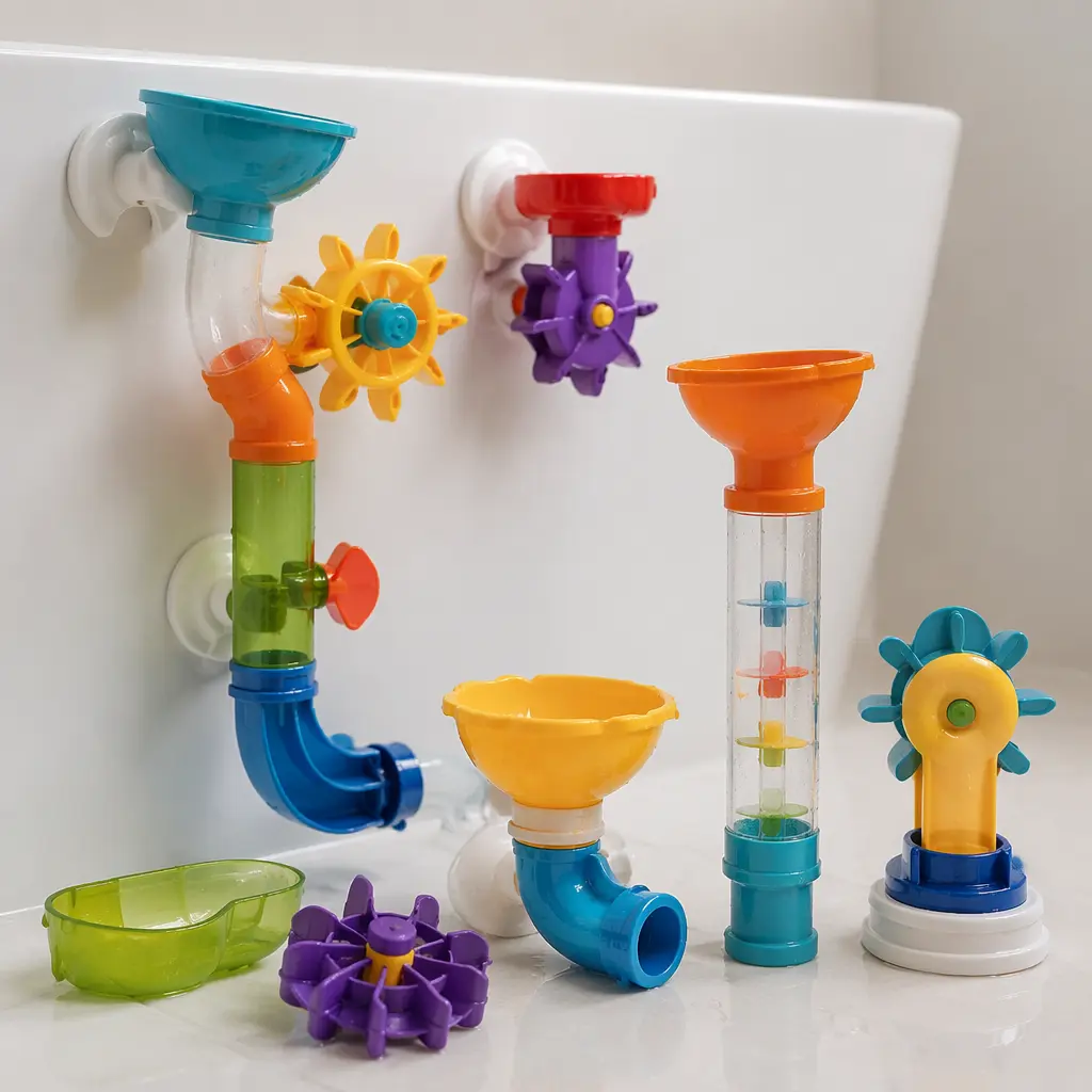 Assorted modular bath toy tubes and funnels arranged beside a bathtub.
