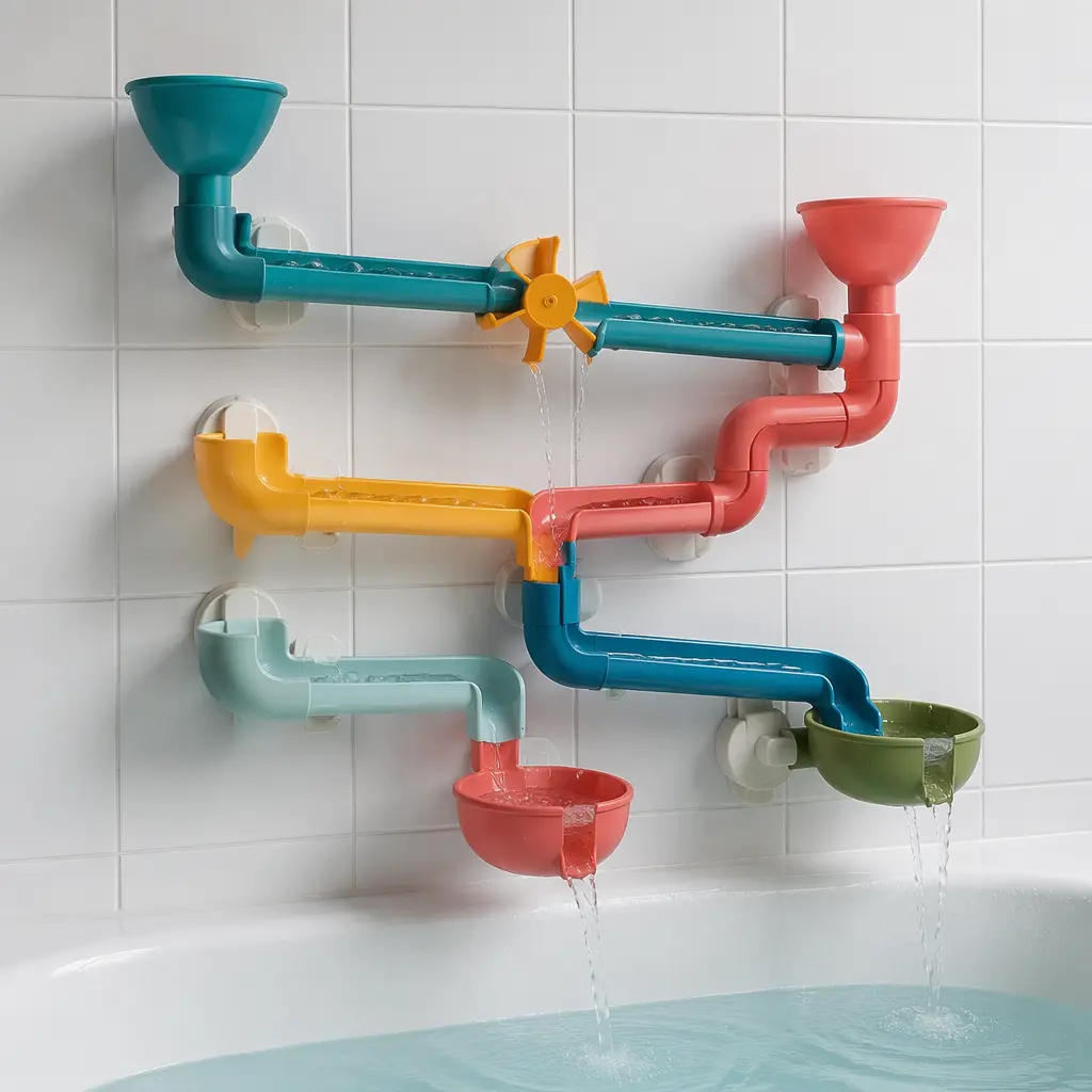 Colorful modular bath tube toys attached to bathroom tiles with water flowing through them.