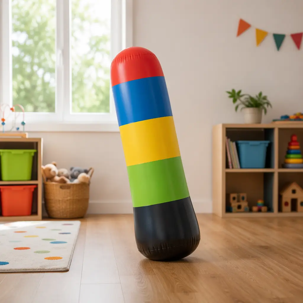An inflatable weighted punch toy tipping sideways in a bright playroom