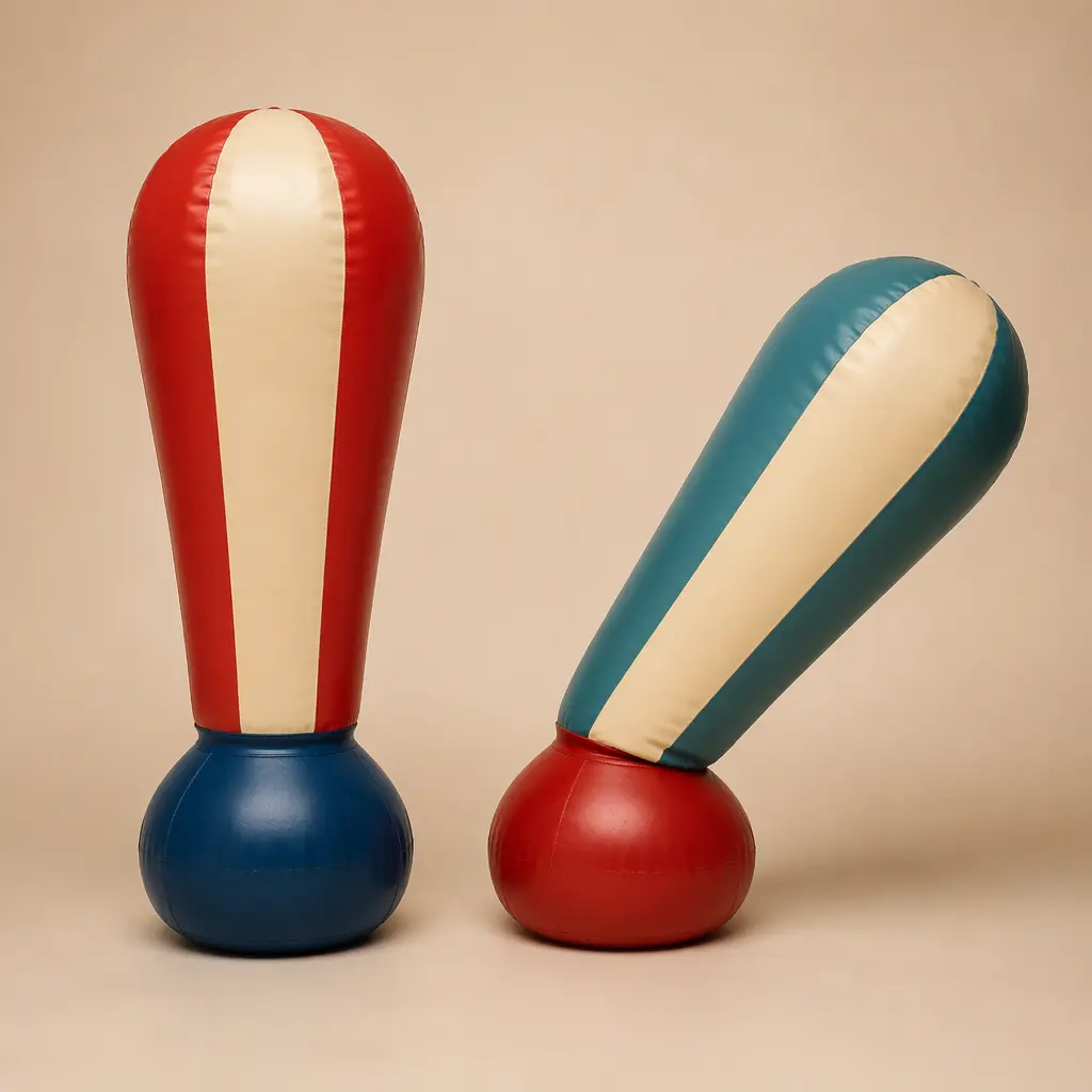 Two colorful inflatable weighted punch toys displayed in a studio