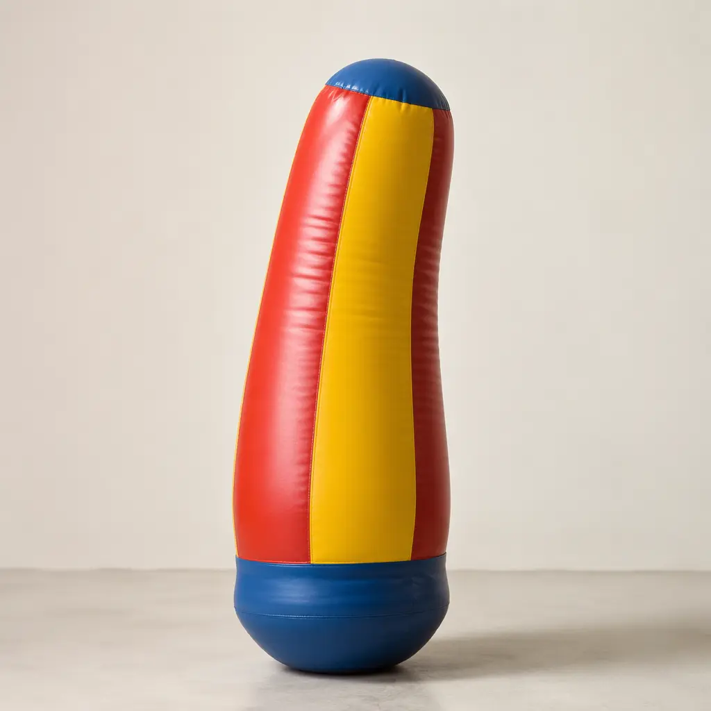 A colorful weighted inflatable bop bag standing upright in a studio setting