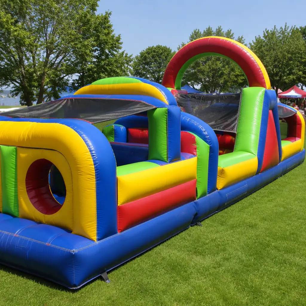 Large inflatable obstacle-style play structure outdoors