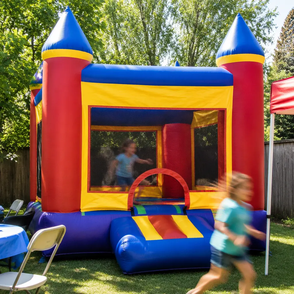 Colorful inflatable bounce house set up outdoors on a sunny day