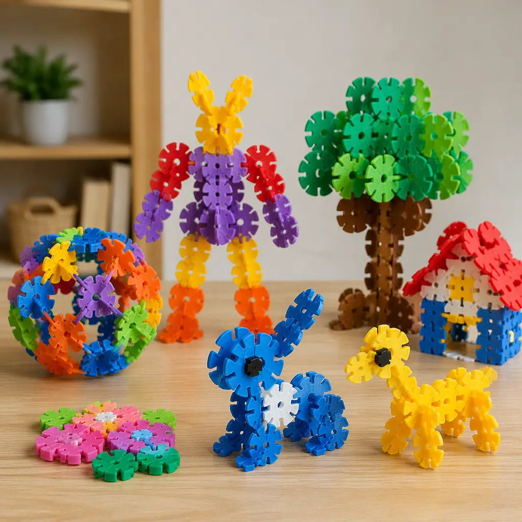 Colorful interlocking disc building pieces arranged into creative structures on a tabletop