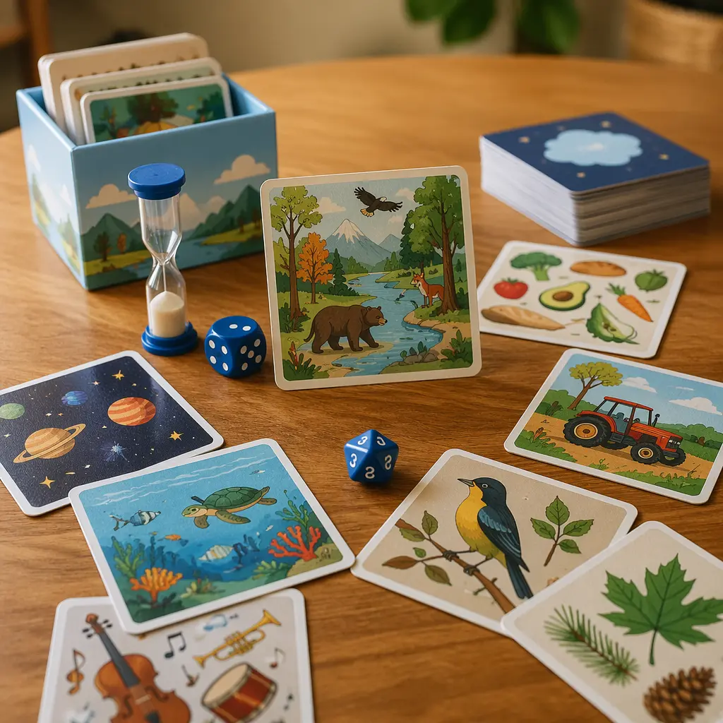 Illustrated memory game cards with a timer and dice arranged on a table