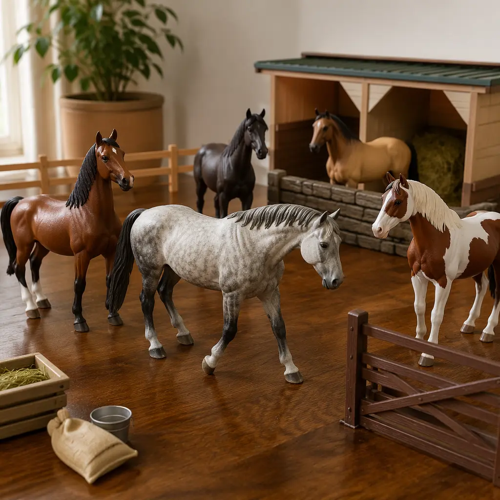 Realistic horse figurines posed with miniature stable accessories on a tabletop.