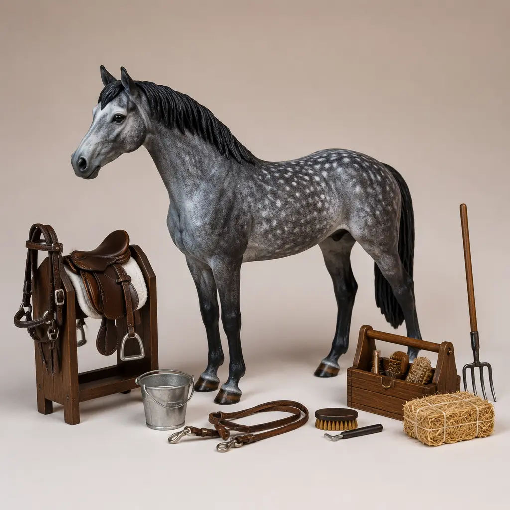 A realistic horse figurine displayed with miniature stable accessories against a neutral background.