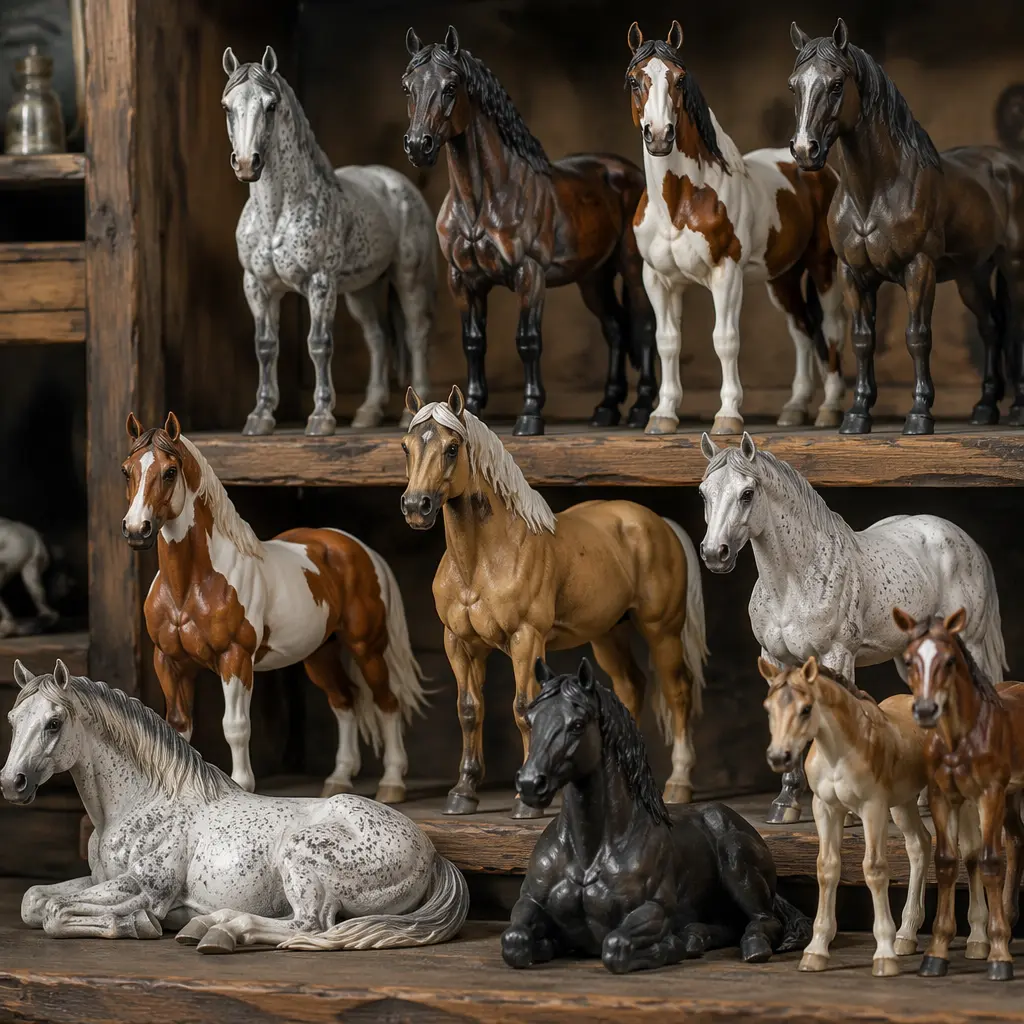 A collection of realistic horse figurines displayed on wooden shelves in soft natural light.