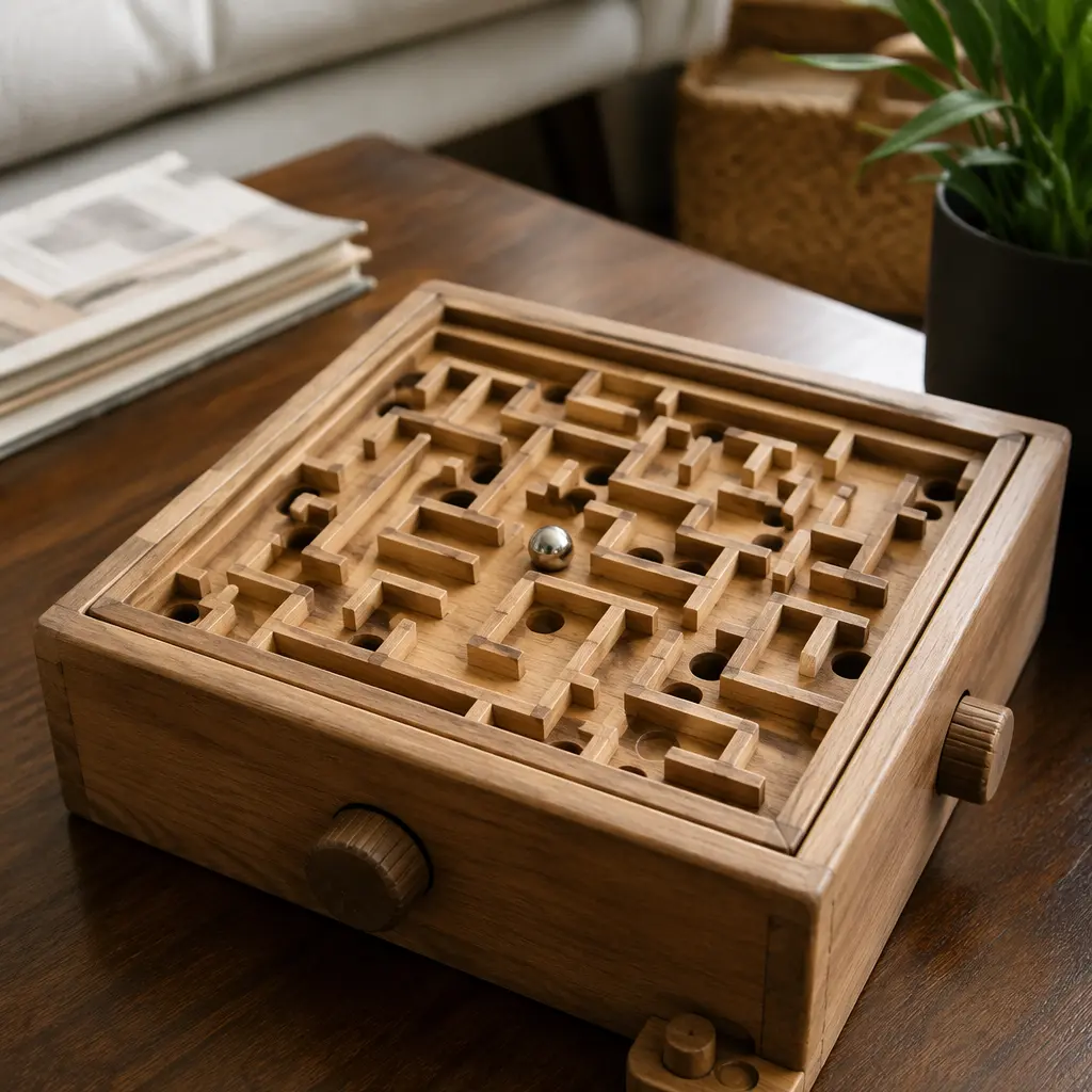 Close-up of a wooden maze dexterity game with a steel ball