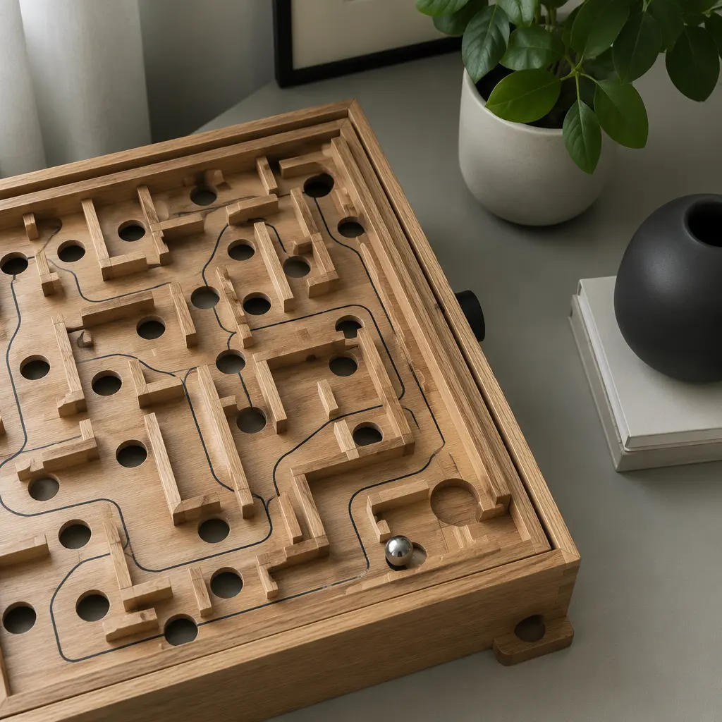 Overhead view of a wooden marble maze game in natural light