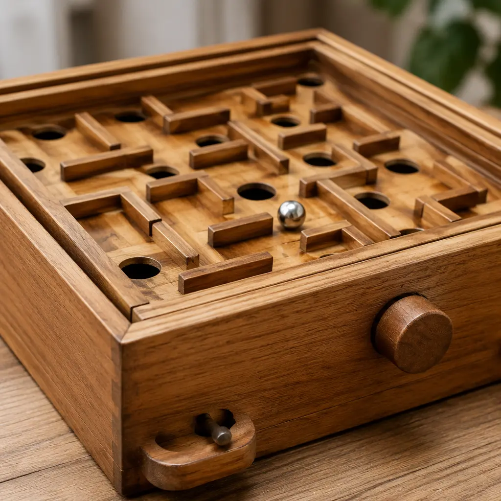 Wooden tabletop maze game with a steel ball in a studio setting