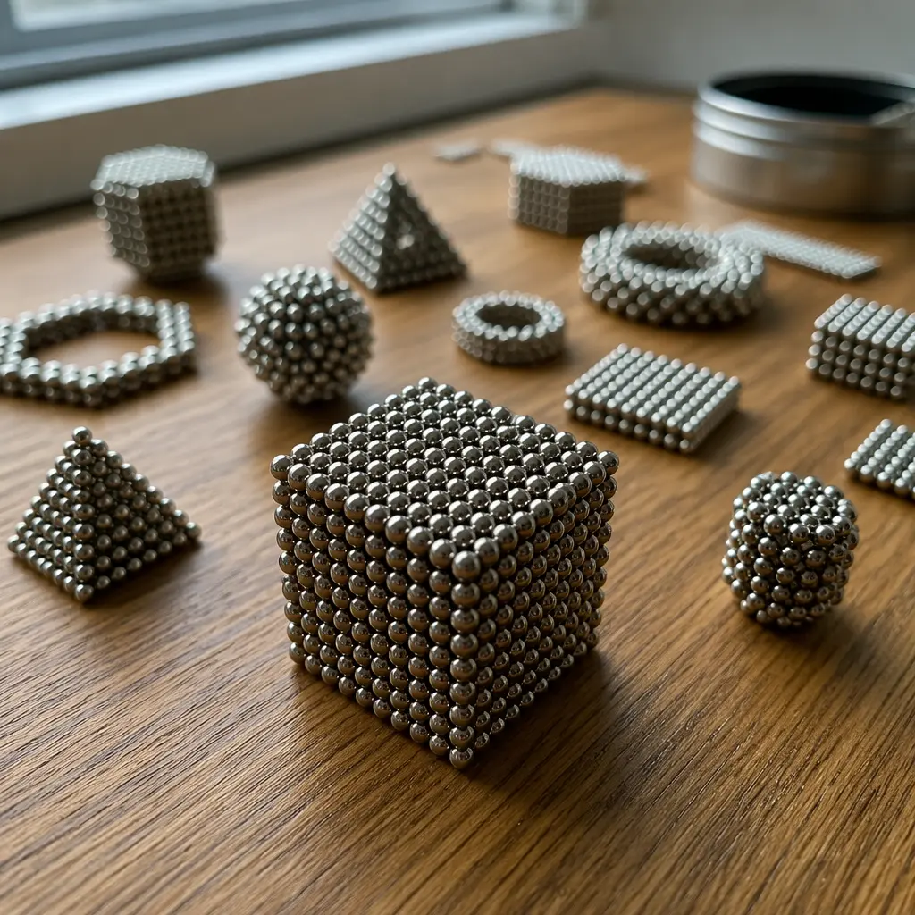 Tiny metallic magnetic spheres arranged into geometric patterns on a desk