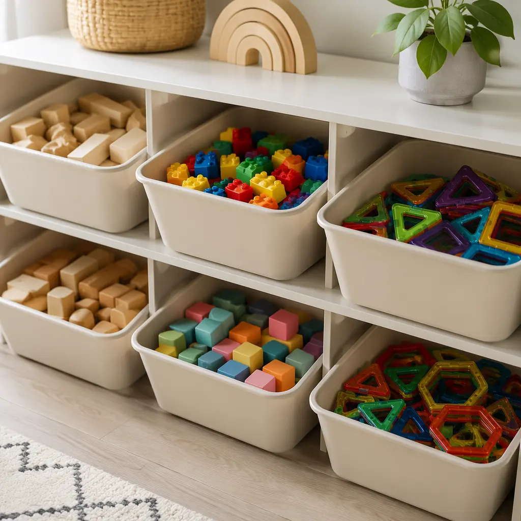 Building pieces sorted into simple storage bins