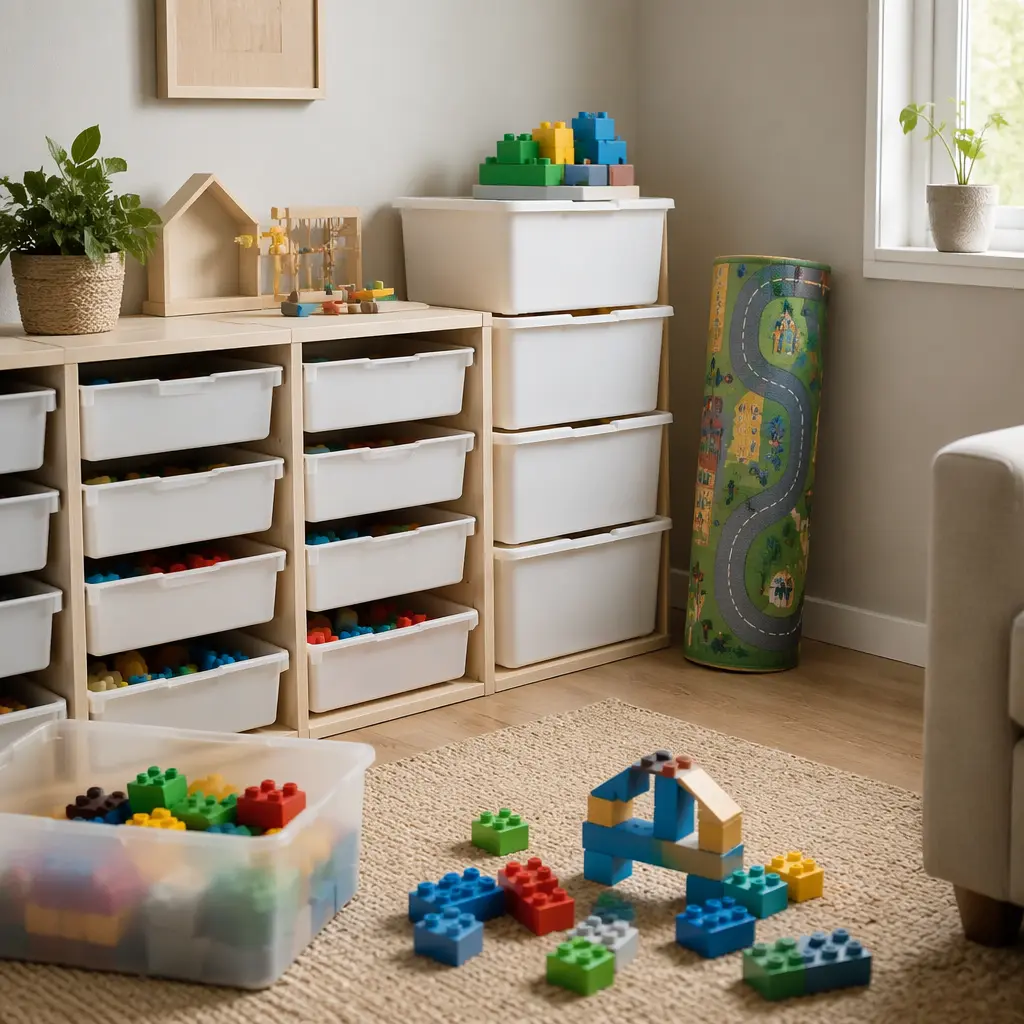 Children's building toys organized with bins and play mat