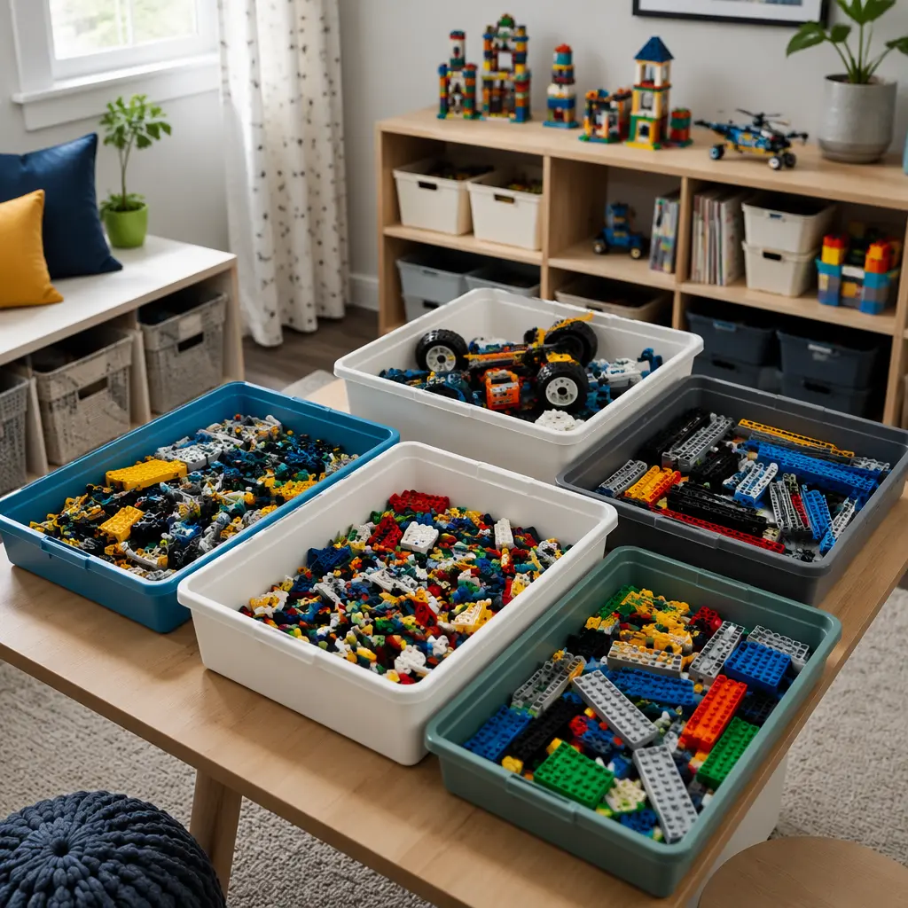 Organized building toys stored in bins in a bright playroom