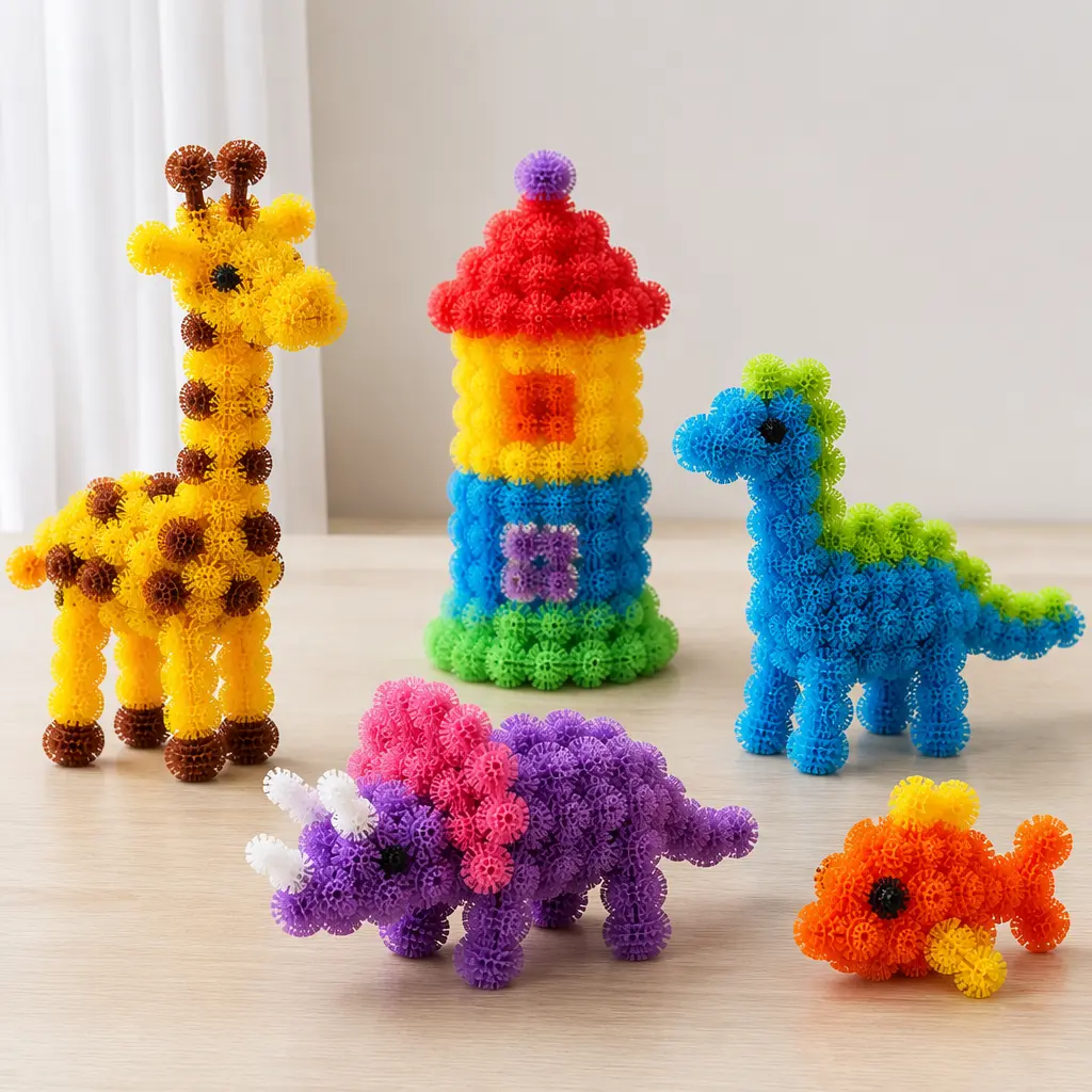 Brightly colored burr-style construction toys formed into playful structures