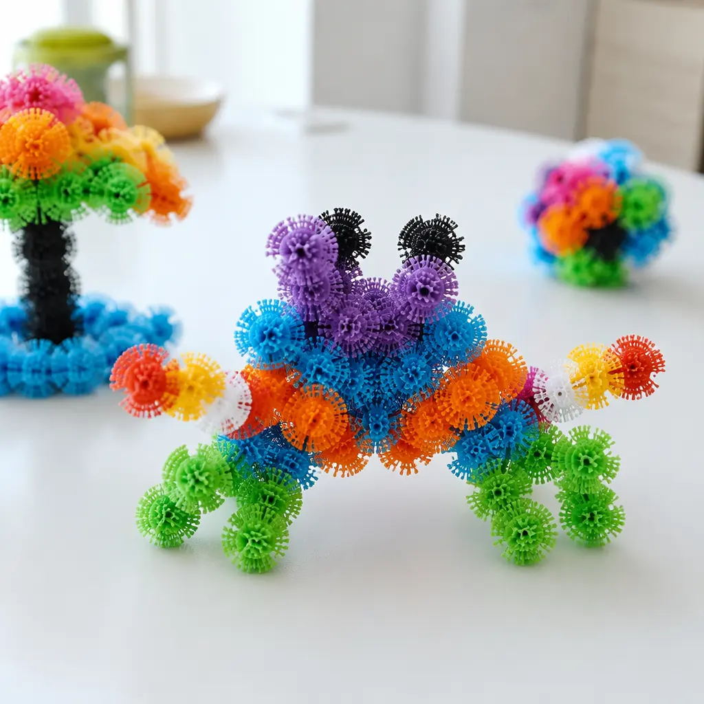 Colorful burr-like construction balls assembled into creative shapes on a tabletop
