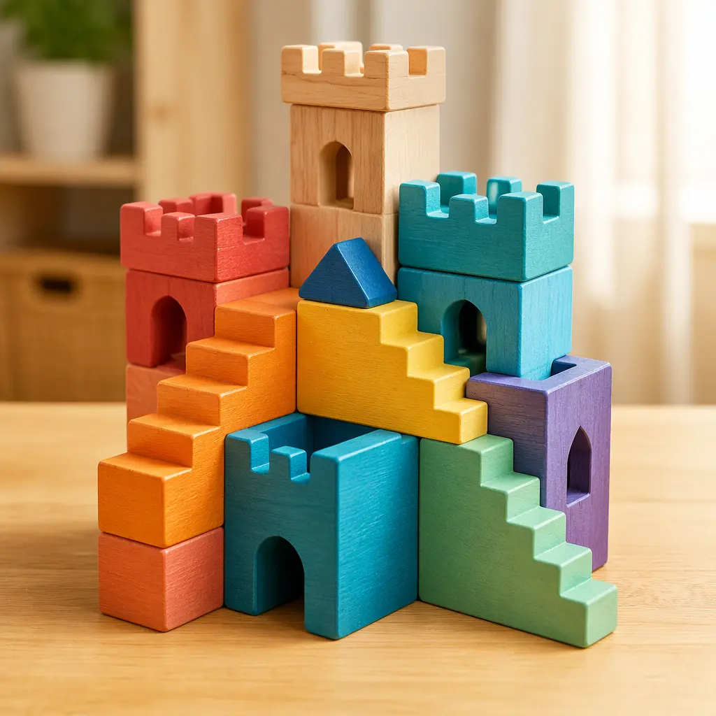 Close-up view of wooden castle puzzle pieces assembled into a layered structure