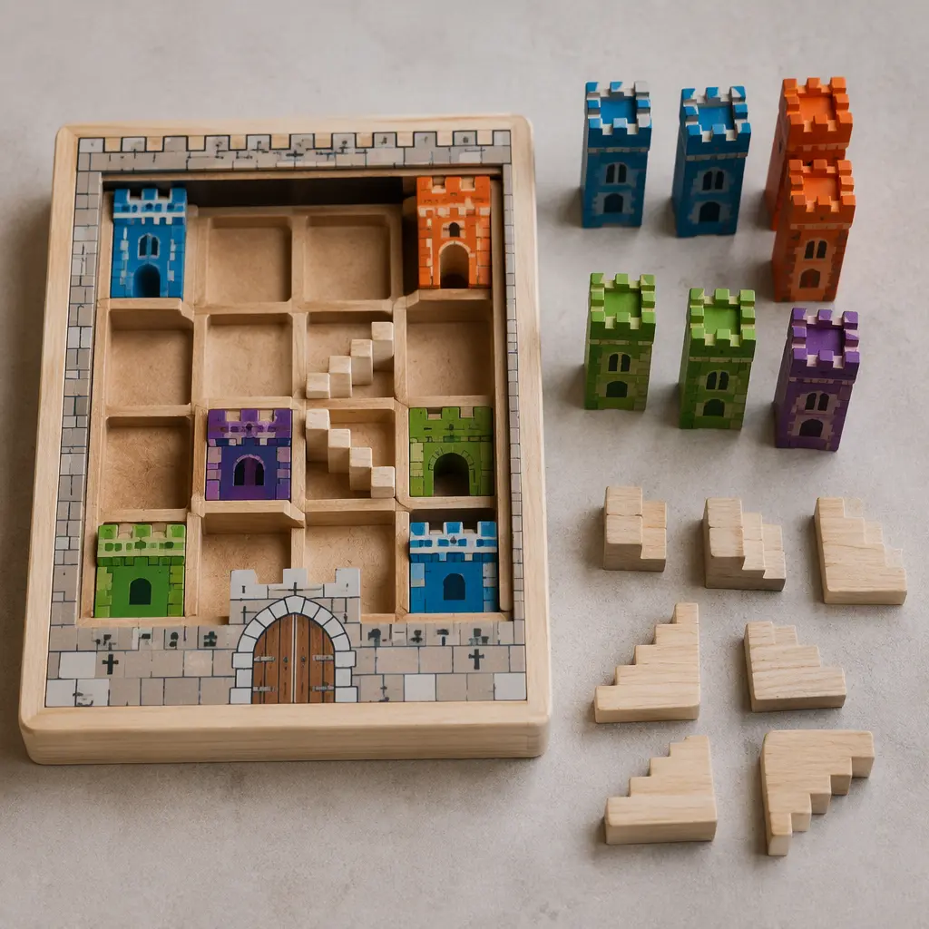 Overhead view of castle puzzle pieces and a partially completed challenge setup