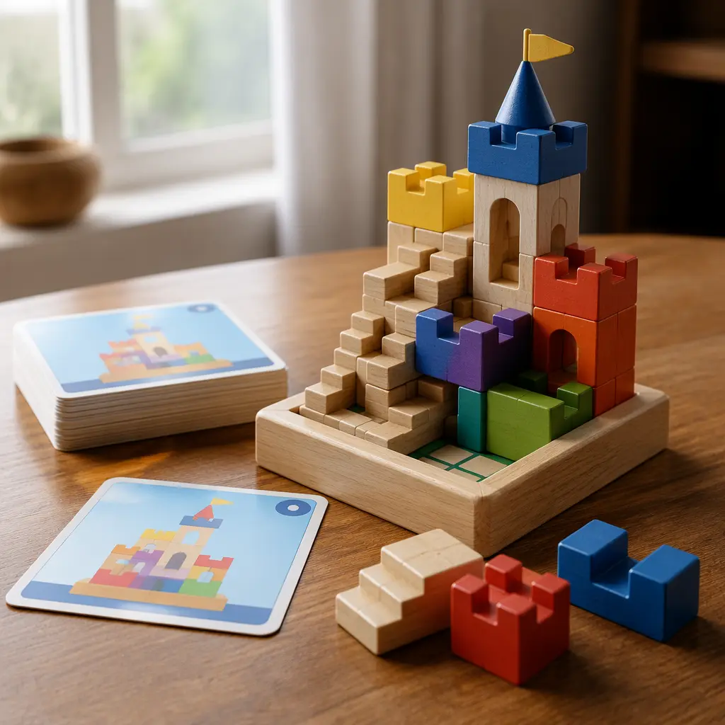 Wooden castle-themed logic puzzle game pieces arranged on a tabletop beside challenge cards