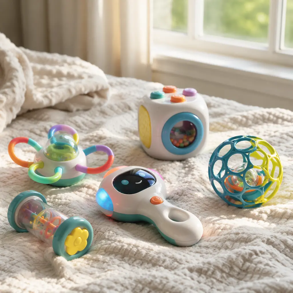 Electronic sensory toys for babies displayed on a soft blanket