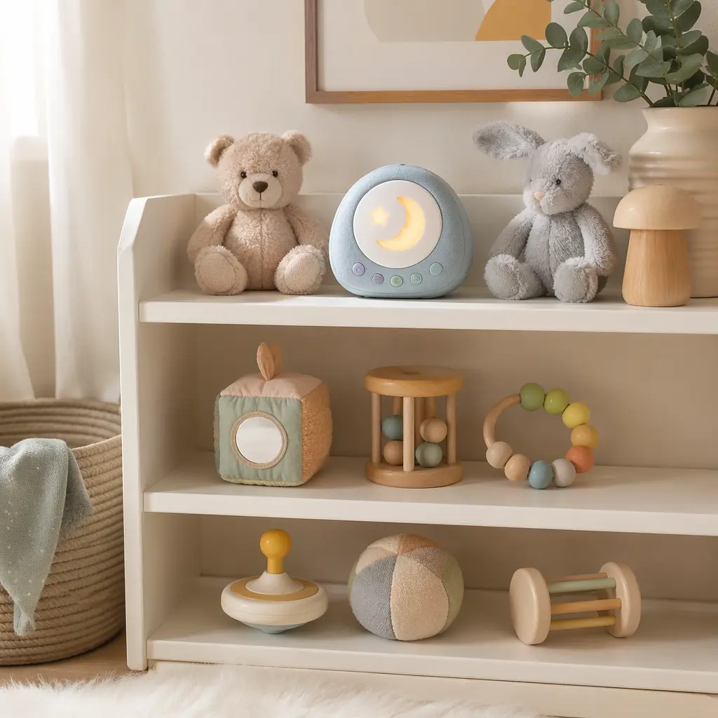 Infant toys organized on a nursery shelf with soft lighting