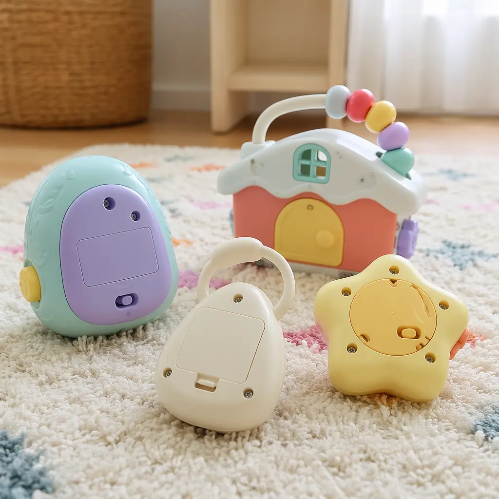 Electronic baby toys arranged on a nursery rug in soft natural light