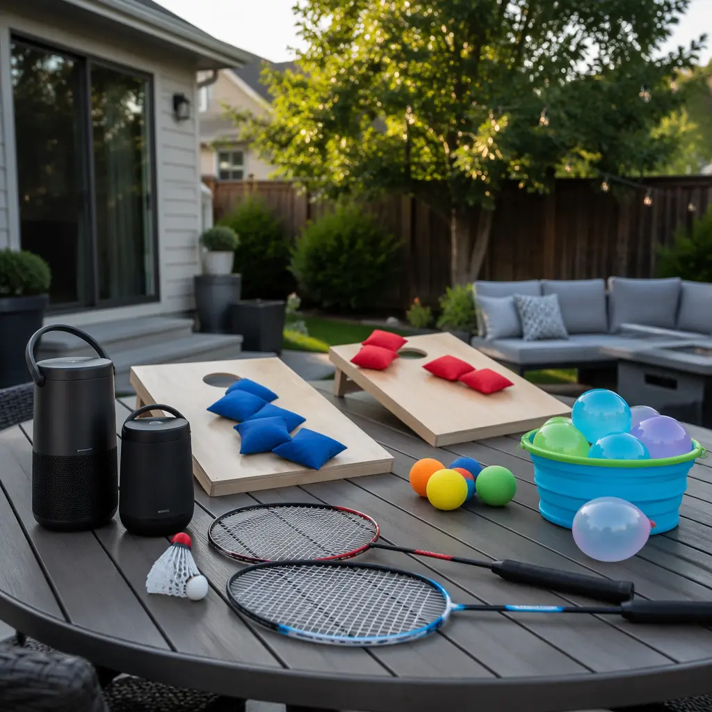 Budget-friendly outdoor games and sports gear arranged in a backyard