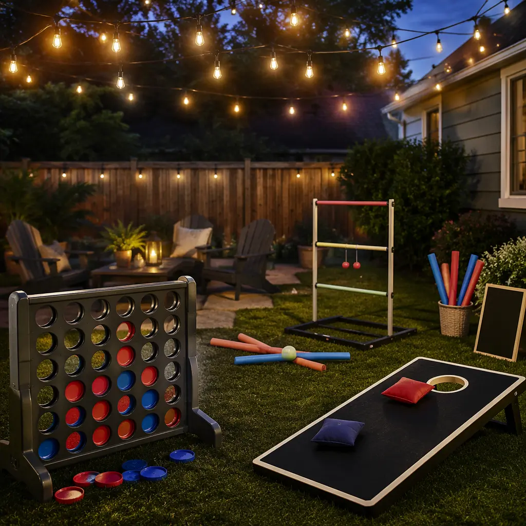 Teen-friendly glow outdoor games set up in a backyard at dusk