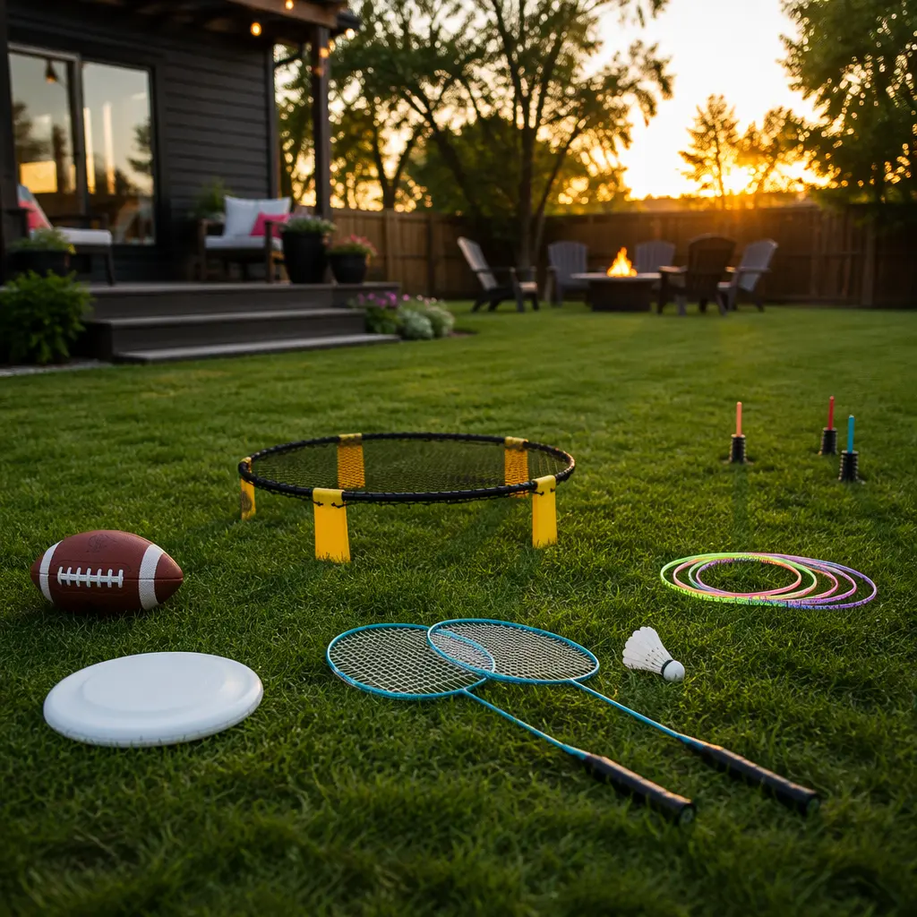 Affordable outdoor games arranged on a backyard lawn during soft evening light