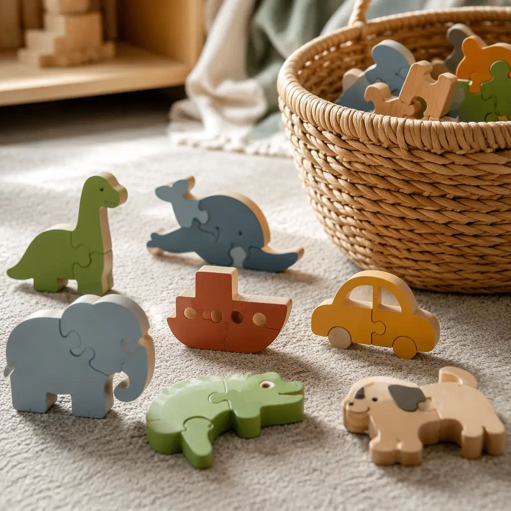 Oversized chunky puzzle pieces stored in a basket