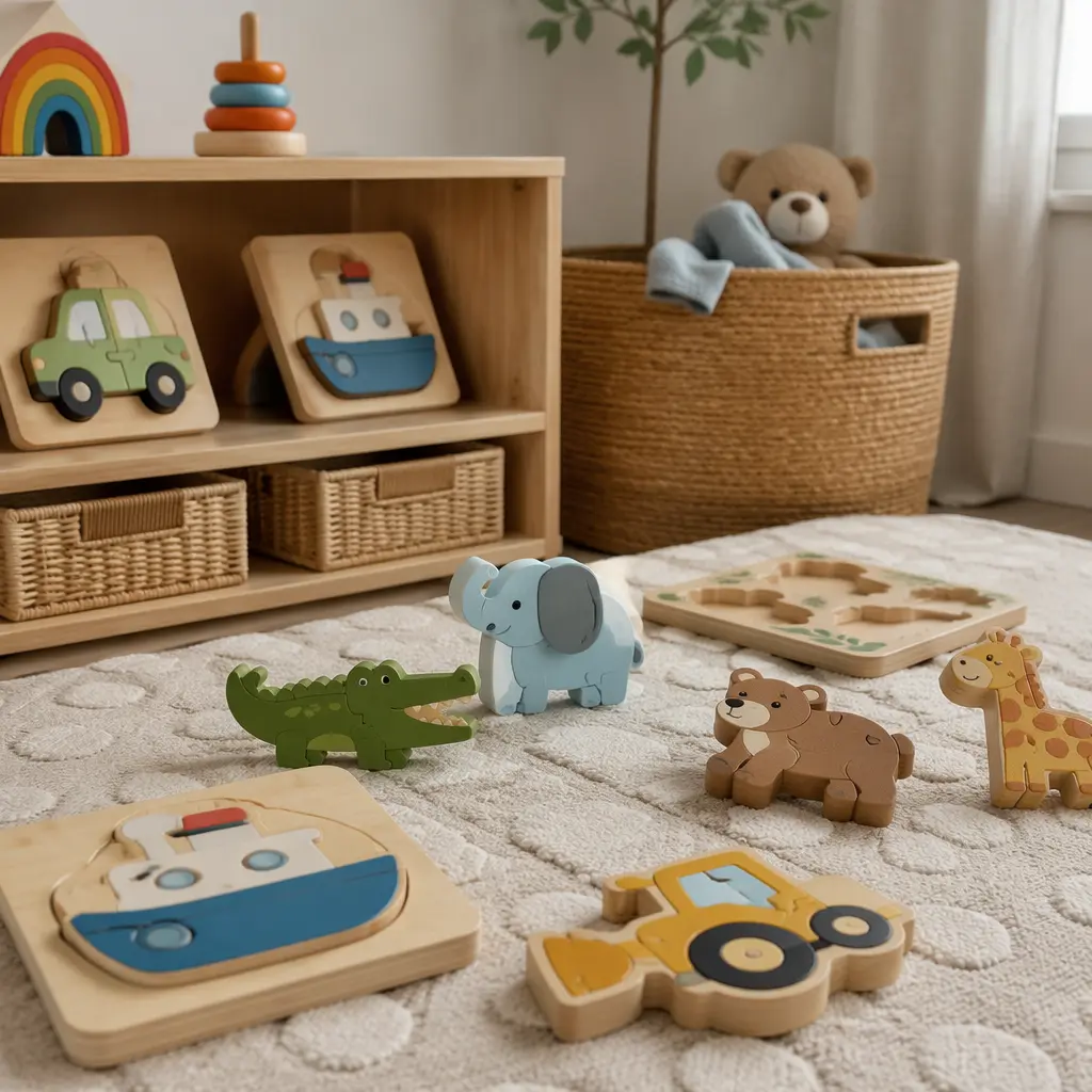 Chunky toddler puzzles with oversized pieces on a playroom rug